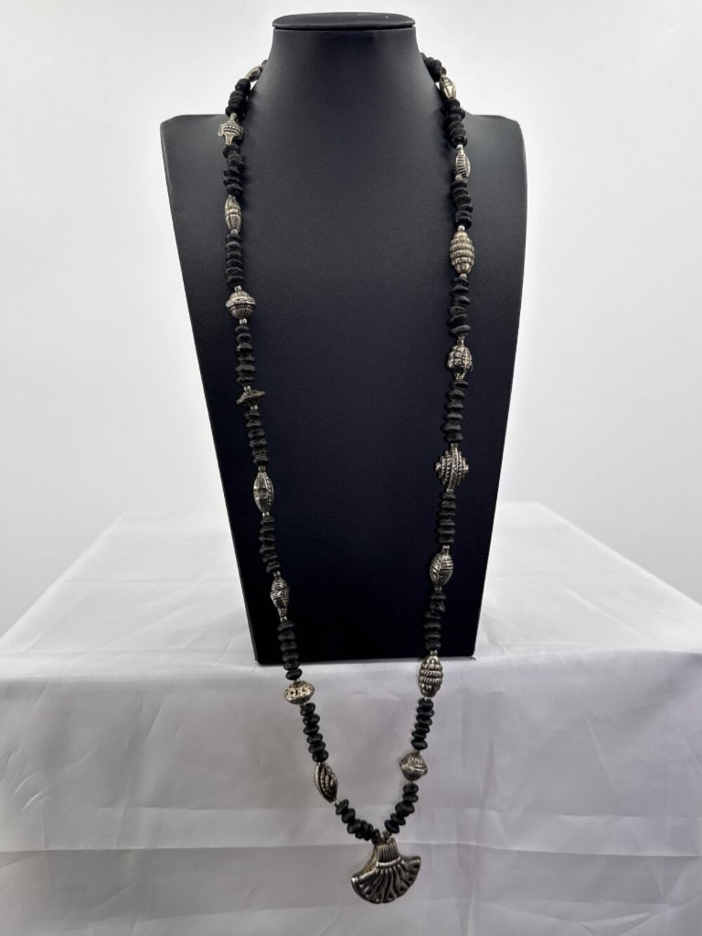 Vintage Boho Silver & Black Beaded Statement Necklace Fan Pendant Tribal Goth